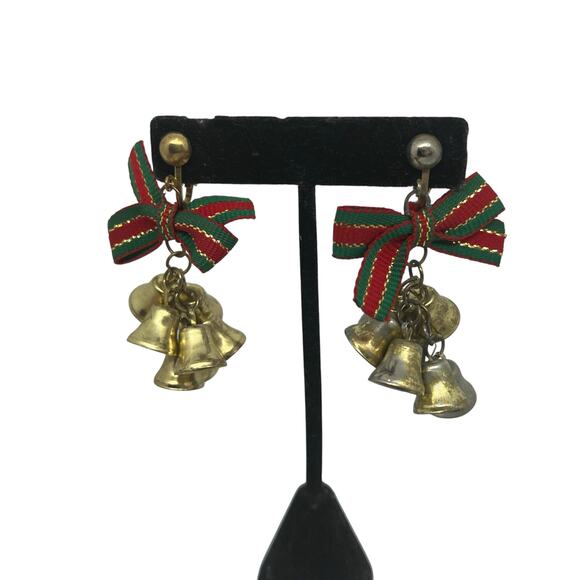 Vintage Christmas Jingle Bell Clip On Earrings Holiday Festive Bow Dangle Retro - Picture 9 of 11